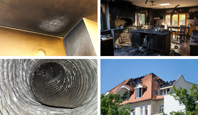 A collage of soot on ceiling, a burnt kitchen, a clean air duct, and a fire damaged house roof.