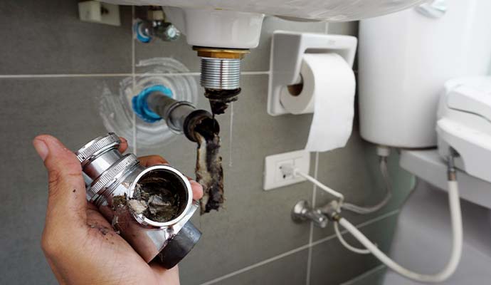 Clogged pipe under a bathroom sink filled with debris