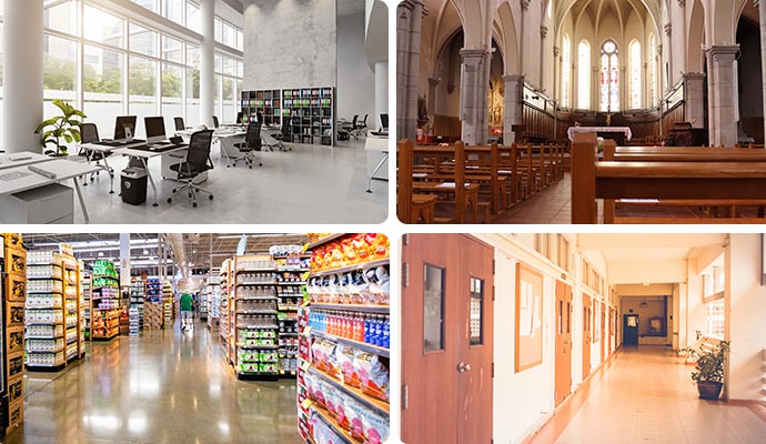 Collage of clean office, church, retail store, and assisted living center