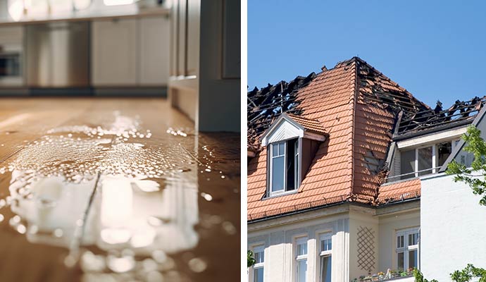 Collage of flooded kitchen floor and burnt roof
