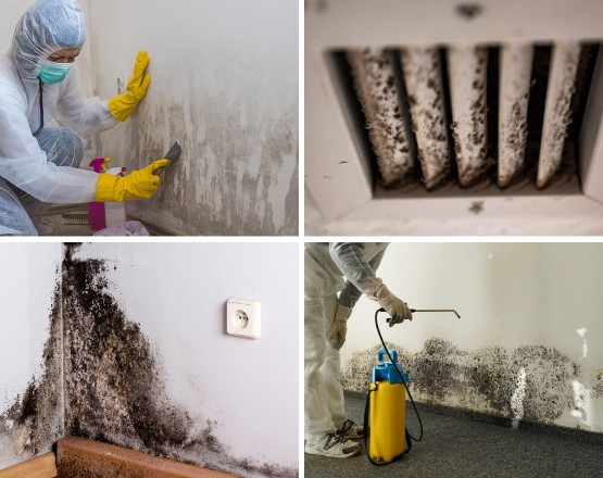 Collage of mold cleanup, black-molded wall, mold remediation, and moldy HVAC vent