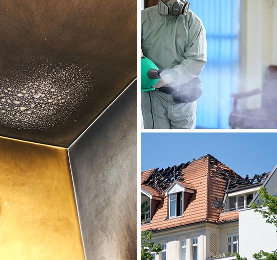 Collage of smoke damaged ceiling, odor removal service and fire damaged house roof