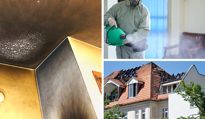 Collage of smoke damaged ceiling, odor removal service and fire damaged house roof