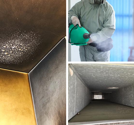 Collage of smoke stained ceiling, odor removal service and fire damaged kitchen