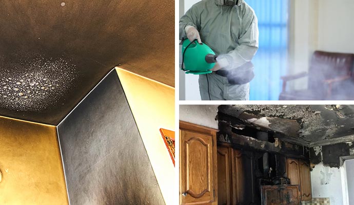 Collage of smoke stained ceiling, odor removal service and fire damaged kitchen