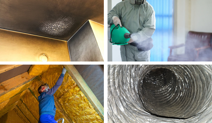 Collage of soot damaged ceiling smoke odor removal insulation replacing and air duct