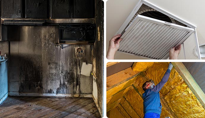 Collage of soot damaged kitchen, duct cleaning, and insulation replacement
