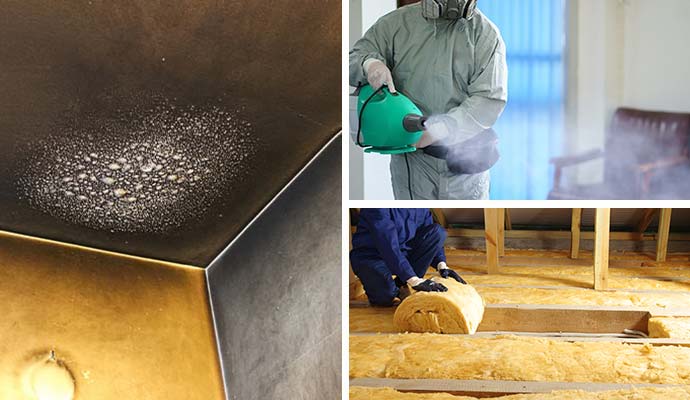 Collage of soot restoration, smoke odor removal, and insulation replacement