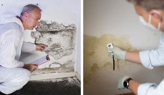 Collage of technicians inspecting and testing wall for mold and moisture