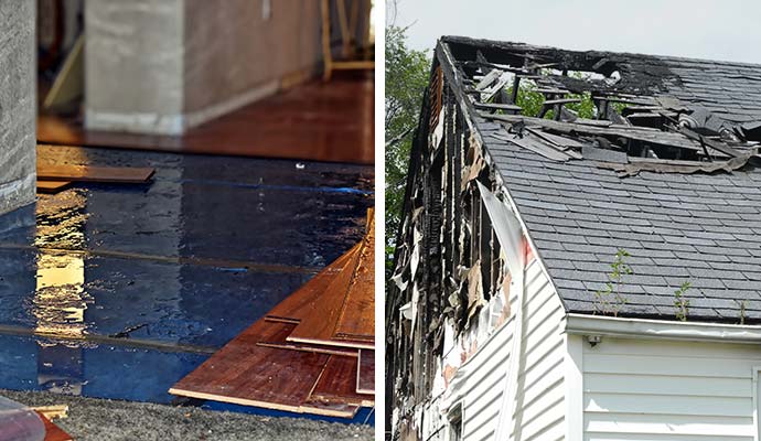 Collage of water and fire damaged house