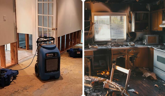 Collage of water damage restoration and fire damaged kitchen