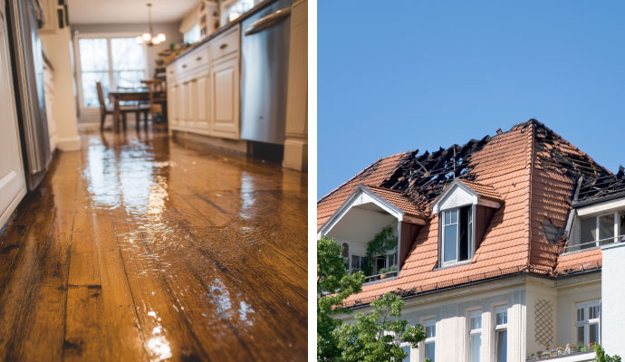 Collage of water damaged floor and fire damaged house