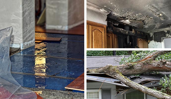 Collage of water damaged floor, fire damaged kitchen and storm damaged roof