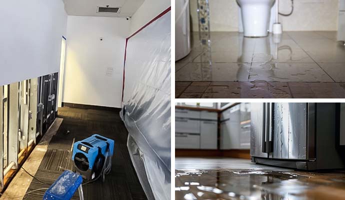 Collage of water extraction, sewage removal, and appliance leak