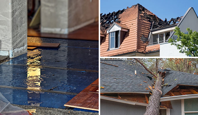 Collage of water, fire, and storm damaged house