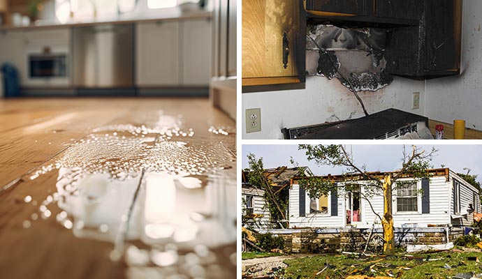 Collage of water, fire and storm damaged property