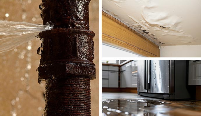 Collage of water spraying out from a broken pipe, water damaged ceiling due to roof leak, and water leaking from refrigerator