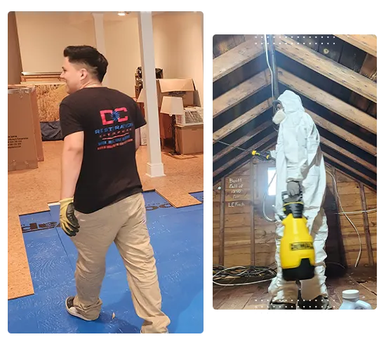Collage of wood floor repair and mold remediation services