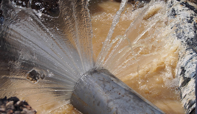 Burst water main pipe spraying high pressure water