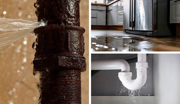 Collage of burst water pipe leaking refrigerator and leaking sink drain