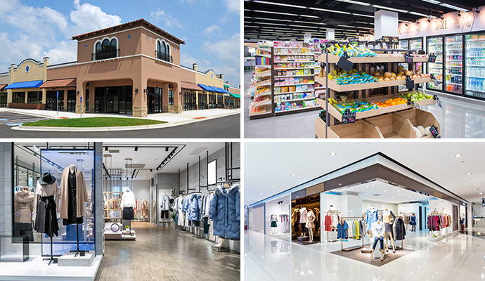 Collage showing a shopping plaza exterior, a grocery store aisle, a clothing boutique, and a clean department store interior
