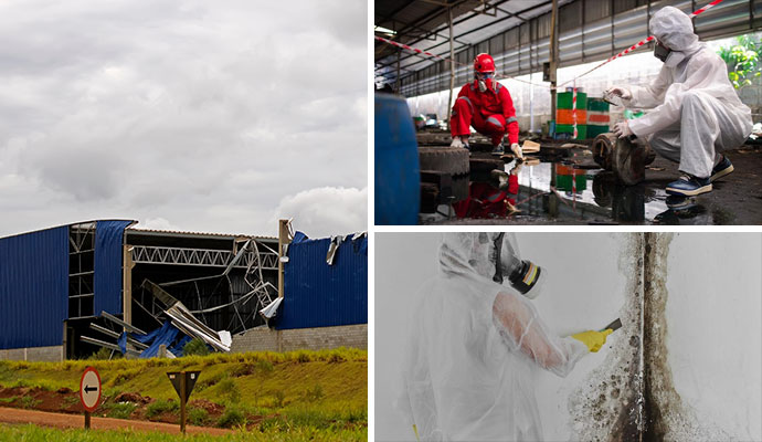 Industrial damage restoration including storm repair and hazardous cleanup