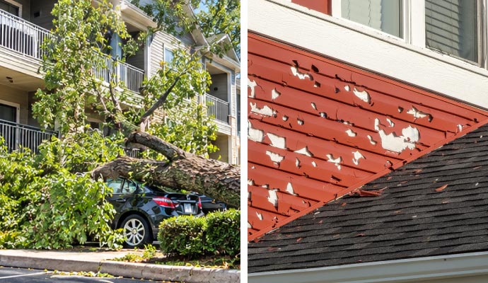 Collage of tree fallen on car and hail damaged house siding