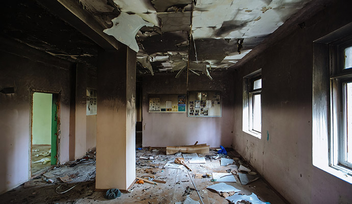 Severe fire and smoke damage in building