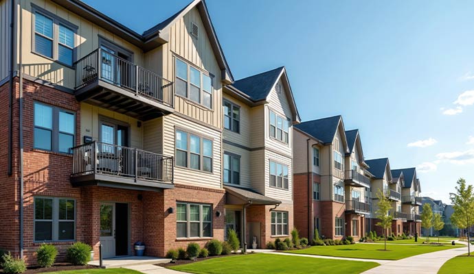 Exterior view of restored brick multifamily apartment buildings
