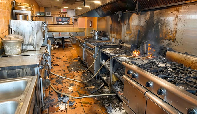 Fire damaged kitchen in a restaurant Fire damaged kitchen in a restaurant