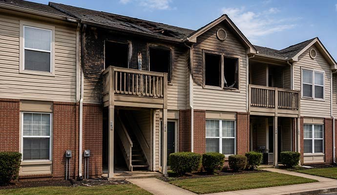 Fire damaged two story apartment building exterior