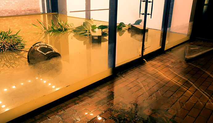 Severe flooding damage inside commercial storefront