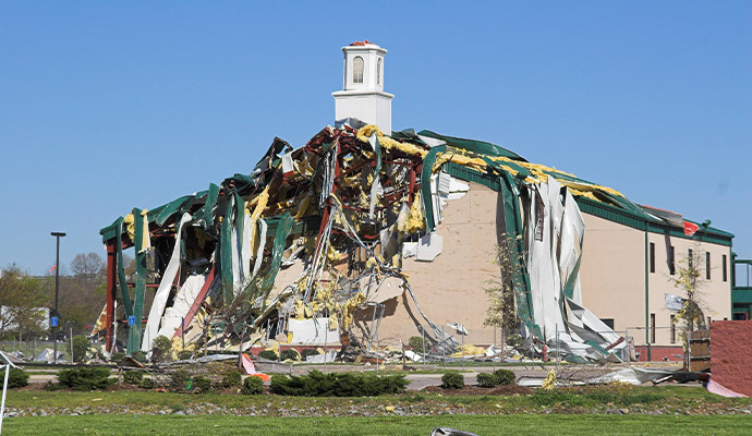 Severe storm damage to church building structure