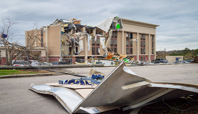 Severe structural storm damage commercial building