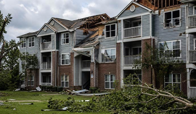 Storm damaged apartment building with torn roof and fallen tree