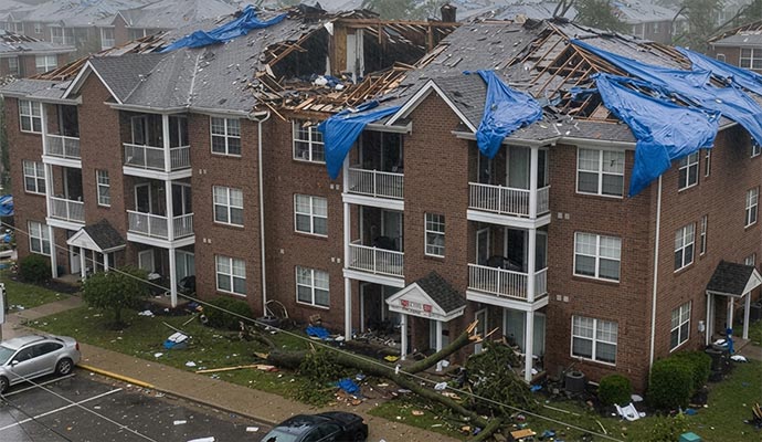 Storm damaged apartment complex with blue tarped roof