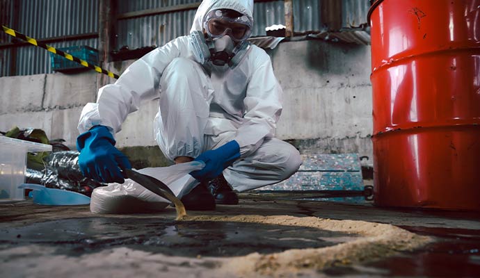 Technician in protective suit cleaning oil spill with absorbent powder