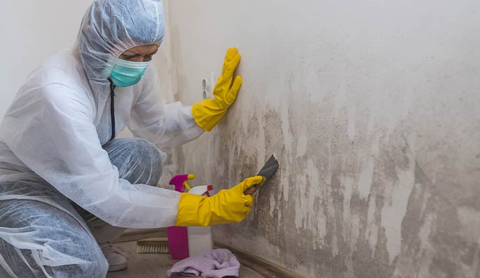 Technician in protective suit scraping mold from wall