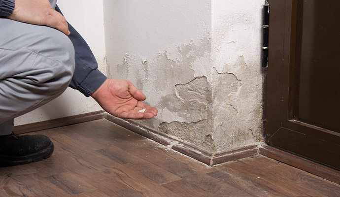 Inspection of water damaged wall with peeling paint