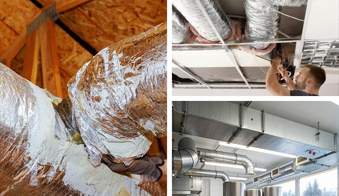 Collage of attic ceiling commercial ducts