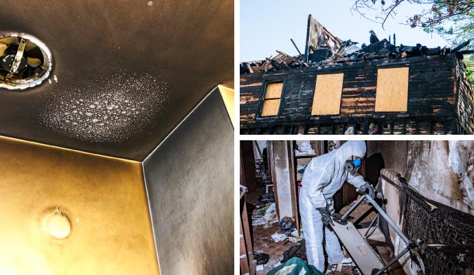 Collage of Smoke Damaged Ceiling Board Up House and Fire Damage Restoration Collage of Smoke Damaged Ceiling Board Up House and Fire Damage Restoration