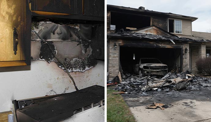 Fire damaged kitchen and garage