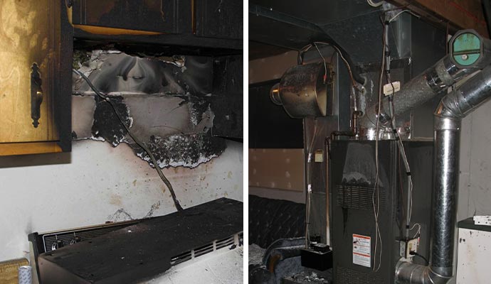 Fire damaged kitchen and heating equipment