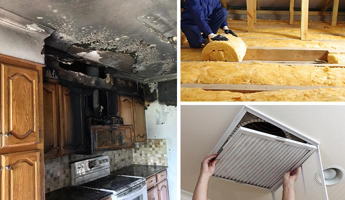 Collage of fire damaged kitchen, insulation and vent service