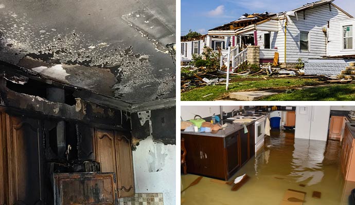 Fire storm and flood damage collage
