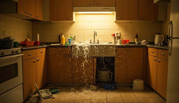 Kitchen sink overflowing and spilling water down onto the floor