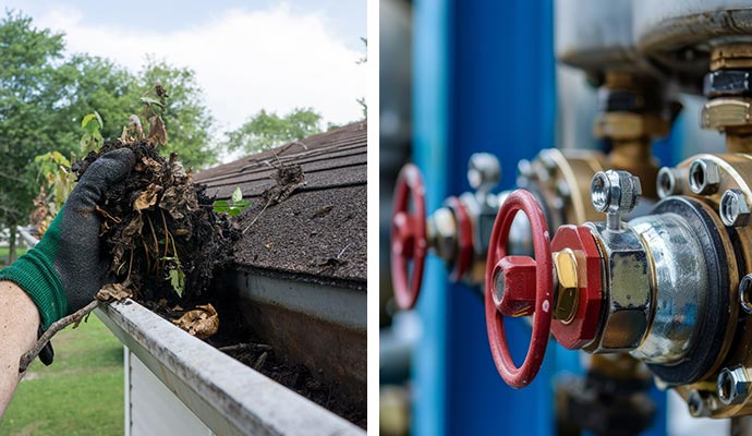 collage of gutter cleaning cleaning and installing emergency shutoff valve