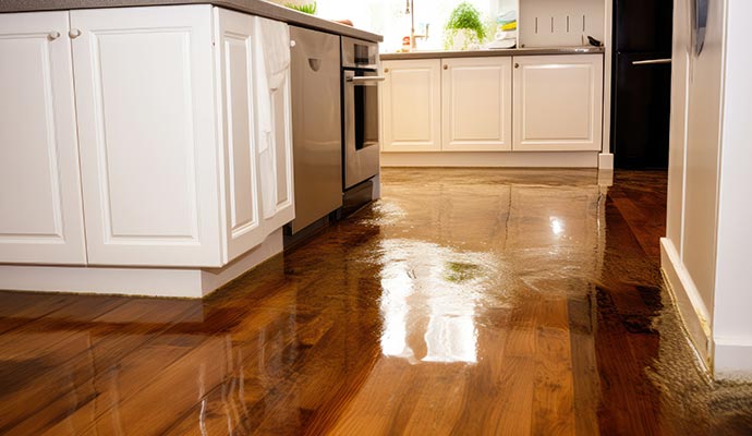 Water damaged kitchen floor due to plumbing leak