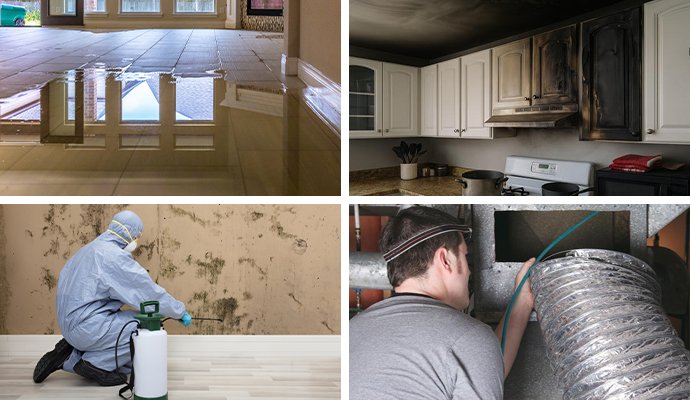 Collage of water damage fire damage mold remediation and air duct cleaning