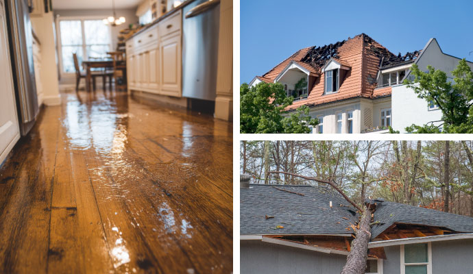 Collage of water, fire, and storm damaged properties